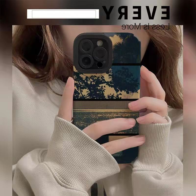 【Lamb Skin】Vertical Grain Soft Case for IPhone 7 Plus 8 Plus X XS XR XS Max 11 13 12 14 PRO Max 14 Plus Cute Seaside Scenery Blue