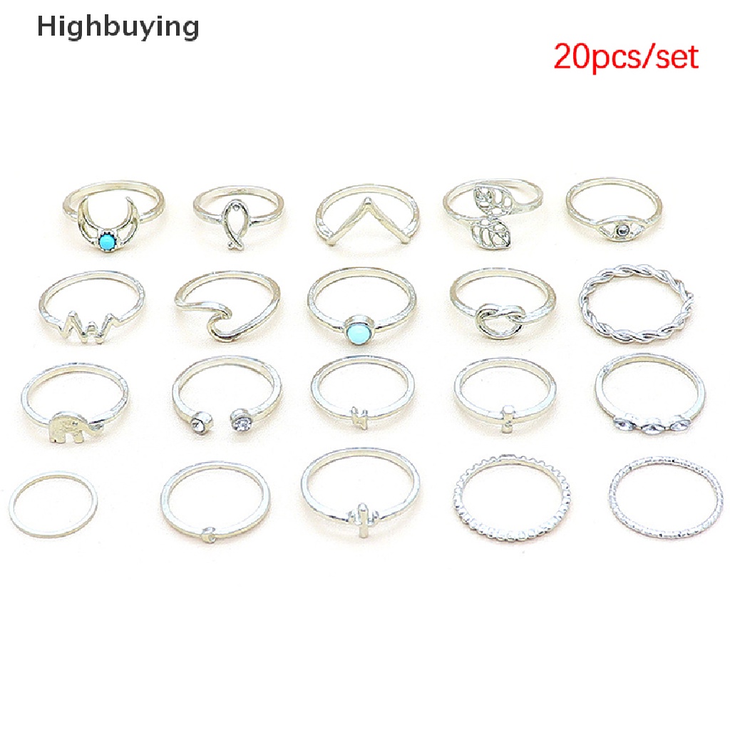 Hbid 20pcs/Set Warna Perak Gajah Daun Gelombang Bulan Kristal Geometris Bersama Cincin Set Wanita Pesta Pernikahan Perhiasan Aksesoris Glory