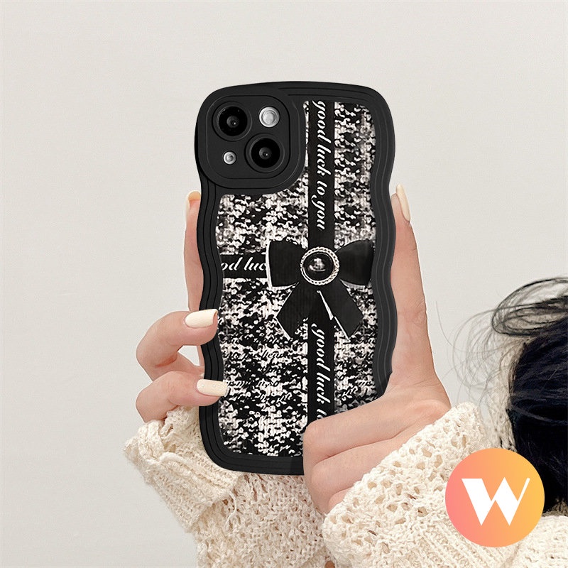 Casing Ponsel Tpu Lembut Tepi Bergelombang Kompatibel Untuk iPhone 7Plus 13 11 12 14 Pro Max XR X XS Max 7 6s 6 8 14 Plus SE 2020 Retro Mewah Bow-Knot Hitam Penutup Belakang