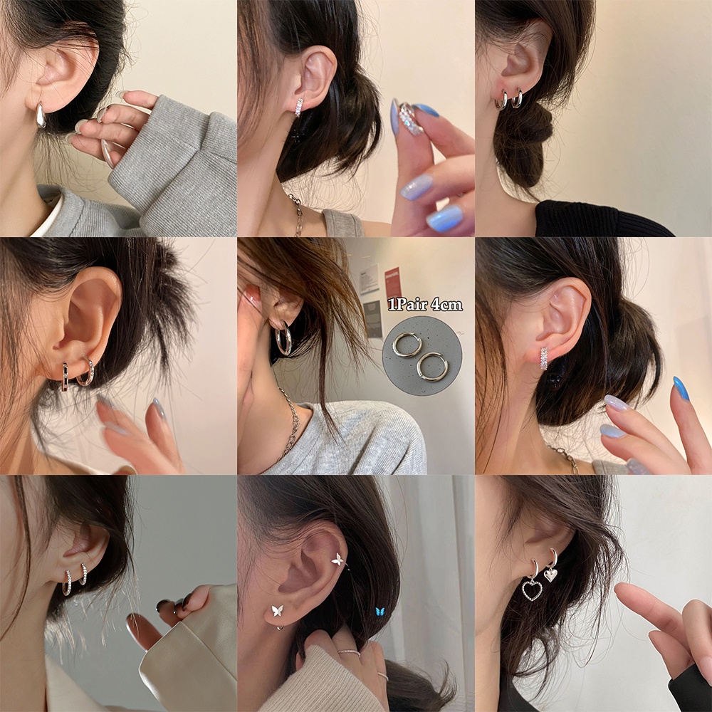 AY(CN) Anting Hoop Silver Zircon Simple Untuk Wanita Hypoallergenic Piercing Earring Aksesoris Perhiasan