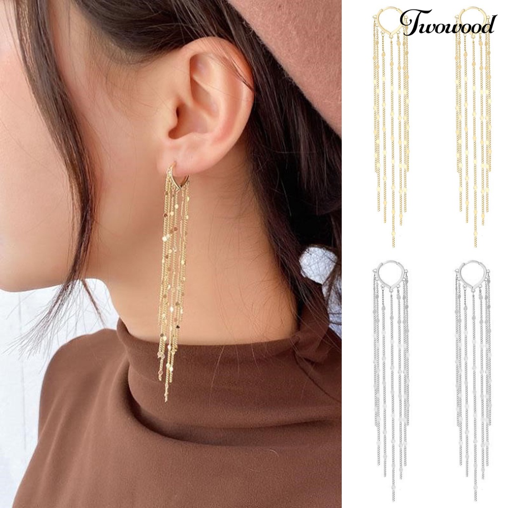 Twowood 1pasang Drop Earrings Bohemian Temperamen Payet Bentuk Hati Geometris Hias Hadiah Wanita Panjang Logam Rumbai Pesona Anting Perhiasan Pernyataan Fashion