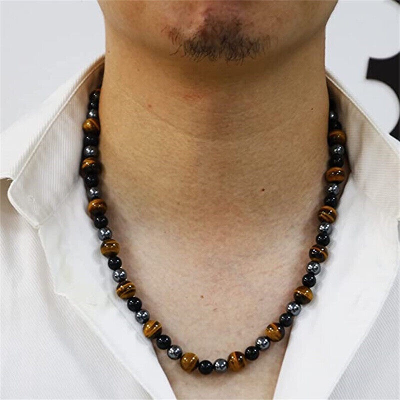 Kalung Manik-Manik Punk Tiger Eye Untuk Pria/Kepribadian Fashion Obsidian Hematite Pesona Kalung Perhiasan Aksesoris