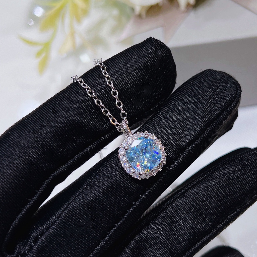 Goldkingdom Fashion Perhiasan Aksesoris Ready Stock Perhiasan Mewah Imitasi Harta Karun Kalung Kacang Gula Kecil Super Mengkilap Brilliant Bantal Sea Blue Zirconia Pendant