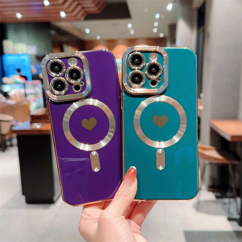 Luxury Wireless Charge Cinta Hati Plating Case Untuk IPhone 14 Pro Max Magnetic Square Plating Frame Phone Case Untuk IPhone 11 12 13 14 Plus Cover Pelindung Lensa