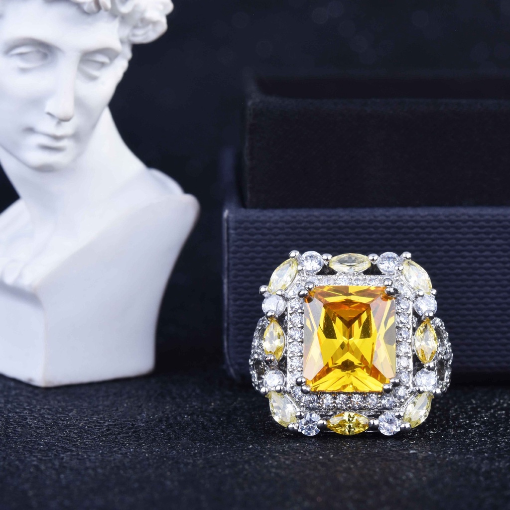 Goldkingdom Fashion Perhiasan Aksesoris Ready Stock Mewah New Citrine Berwarna Permata Cincin Eropa Dan Amerika Micro-set Mewah Putri Persegi Berlian Terbuka Cincin