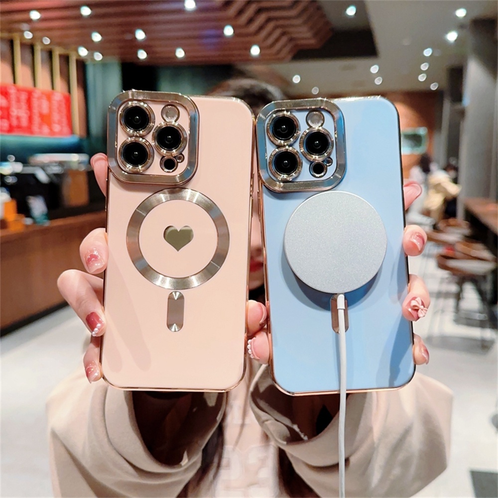 IPHONE Cinta Hati Soft Plating Case Untuk Iphone14 13 12 11 Pro Max Perlindungan Lensa Nirkabel Pengisian Shockproof Penutup Belakang