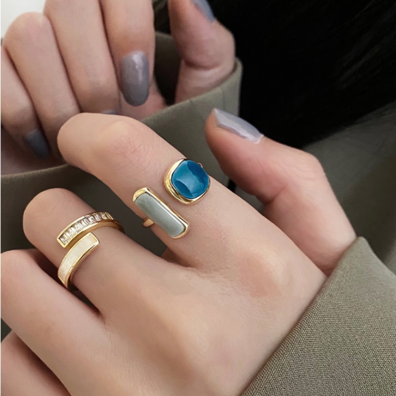 We Flower Vintage Emas Hijau Biru Permata Terbuka Cincin Untuk Wanita Gadis Ins Trendi Susun Cincin Adjustable Jari Manset Perhiasan Aksesoris