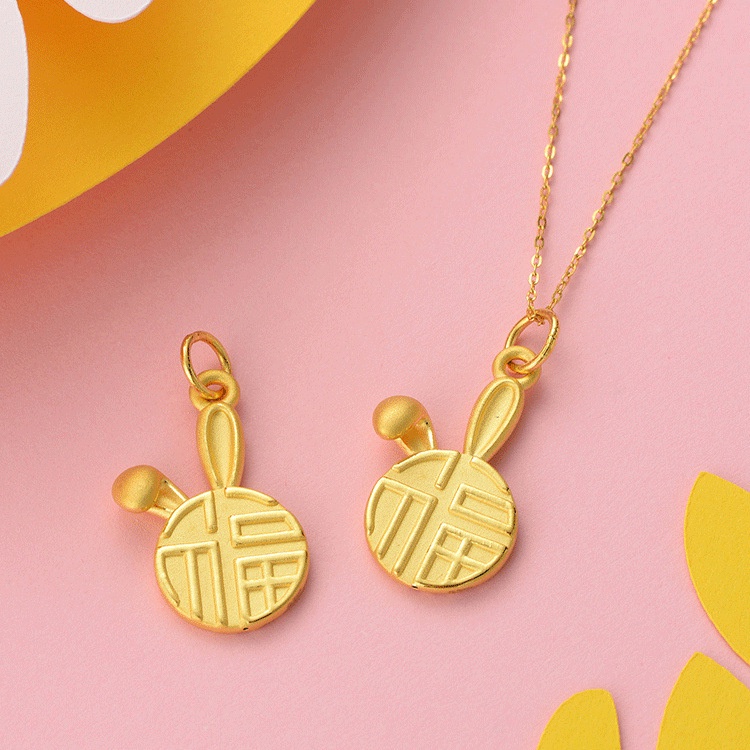 Goldkingdom Fashion Perhiasan Aksesoris Ready Stock Angin Cina Beruntung Kelinci Liontin 3D Keras Emas Asli Kadar 375 Kerajinan Wanita Indah Beruntung Kelinci Kalung Zodiak Cina Kelinci Liontin