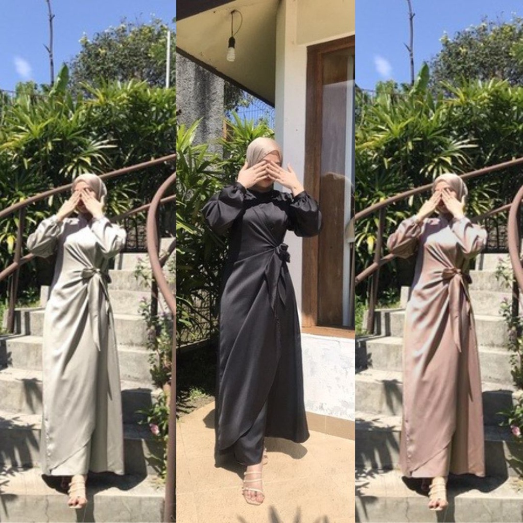 ARABELL DRESS LILIT SATIN TALI PINGGANG GAMIS HITAM POLOS ELEGAN DRESS KONDANGAN SIMPEL