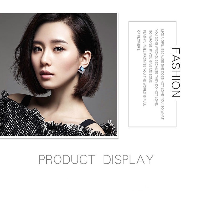 Goldkingdom Aksesoris Perhiasan Fashion Ready Stock Anting Kotak Biru Anting Kristal Imitasi Sederhana Anting Berlian Perempuan Versi Korea