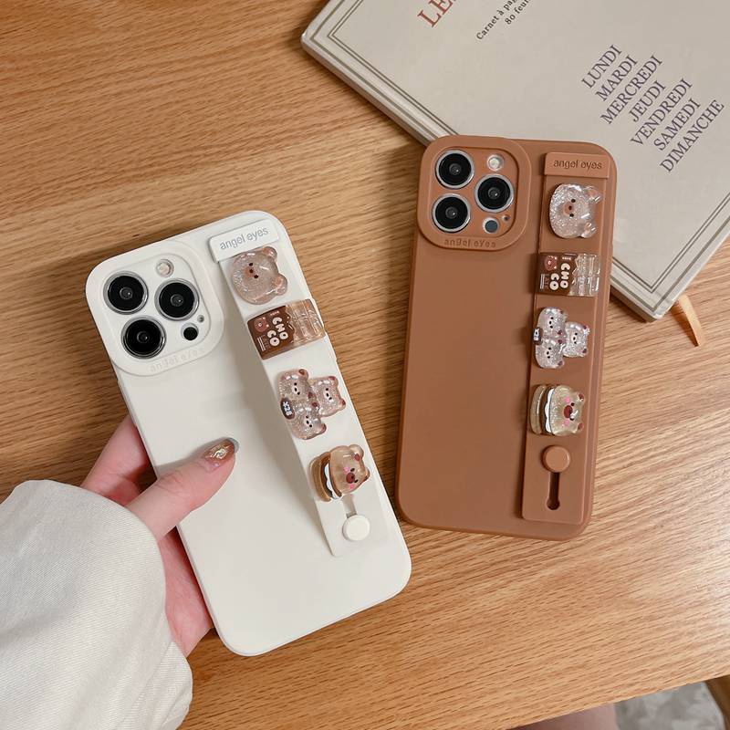 Crystal Hamburg Pig Soft Case iP iPhone 6 6S 7 8 Plus X XR SE 2020 XS Max 11 12 13 14 Pro Max 14 Plus 7+ 8+ Wrist strap Cute Bread Bear Phone Casing hp iphone