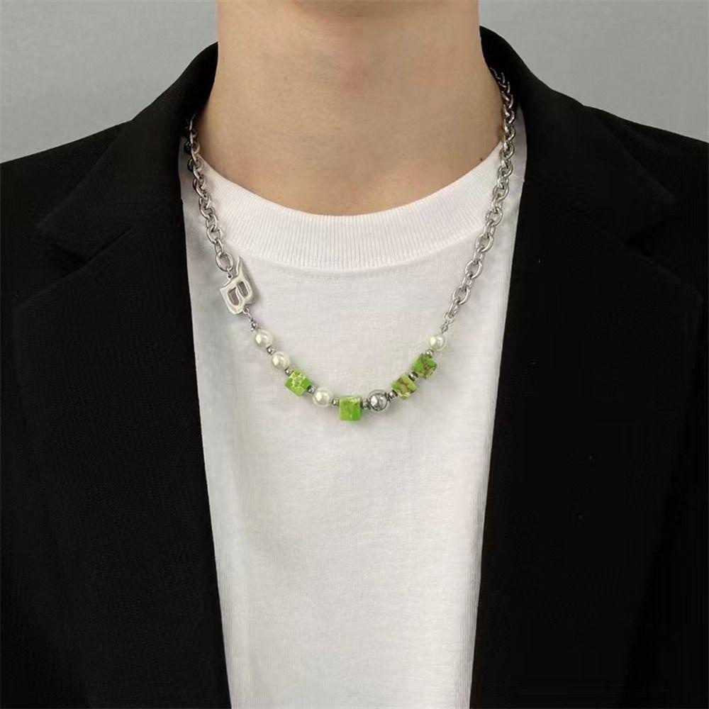 Agustina Pria Hip-hop Kalung Trendi Halus Sederhana Mutiara Klavikula Rantai Pasangan Sweater Rantai Baja Titanium Wanita Gelang