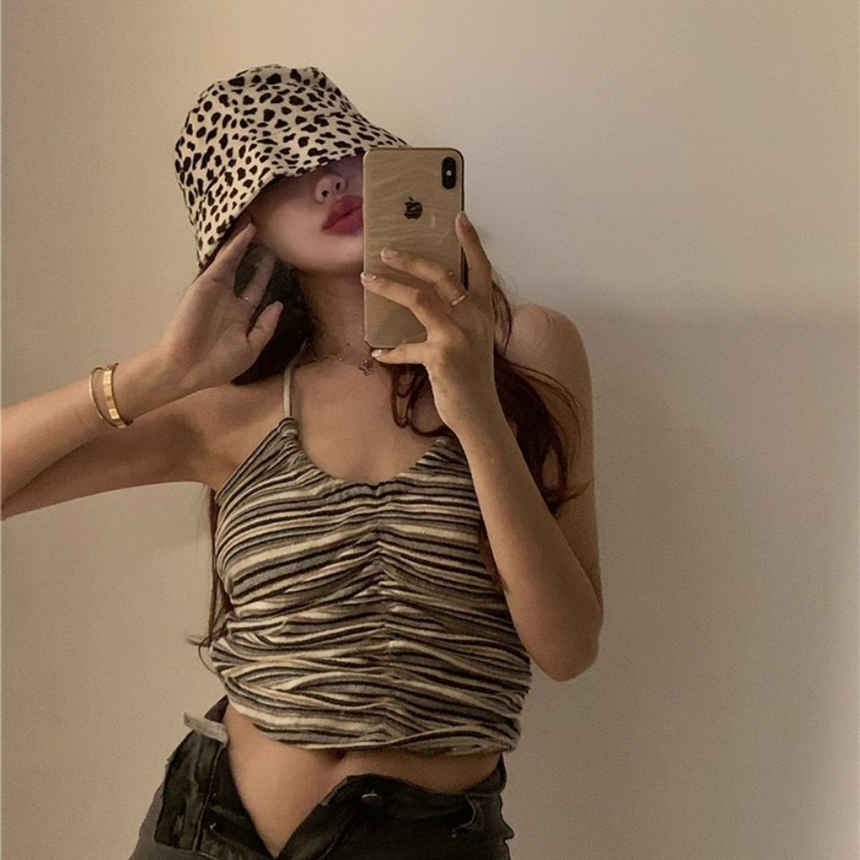 Red Pakaian Luar Seksi Bergaris Suspender Halter Leher Rompi Musim Panas Tanpa Lengan Tanpa Tali Dalam Kemeja Dasar Pendek Licik Top Wanita