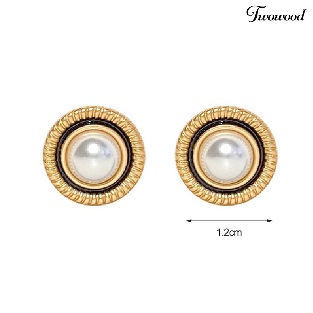 Twowood 1pasang Ear Studs Vintage Elegan Temperamen Putaran Cahaya Mewah Hias Hadiah Wanita Mutiara Imitasi Stud Earrings Perhiasan Aksesoris Populer