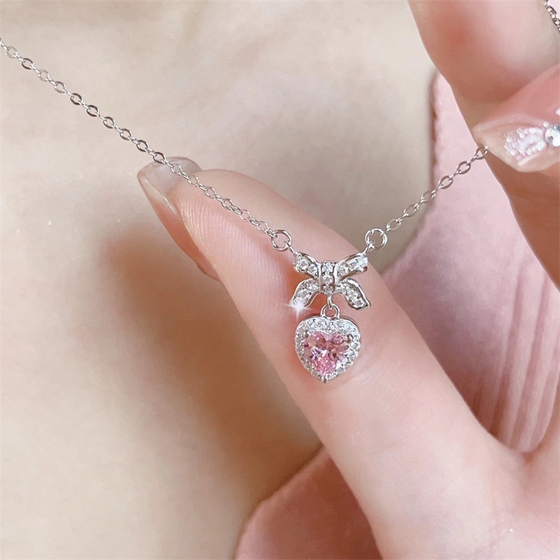 Titanium Steel Pink Heart Bow Zircon Pendant Necklace Female Valentine's Day Gift