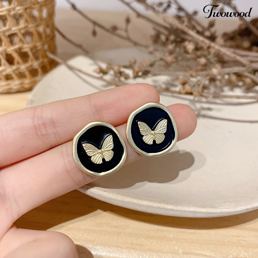 Twowood 1pasang Ear Studs Retro Gaya Perancis Menjatuhkan Minyak Tidak Teratur Bulat Hadiah Kepribadian Hitam Emas Kupu-Kupu Wanita Anting Perhiasan Fashion