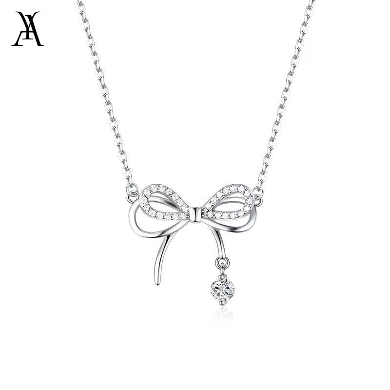 AY(CN) Kalung Rantai Choker Liontin Pita Hias Kristal Warna Silver Untuk Wanita