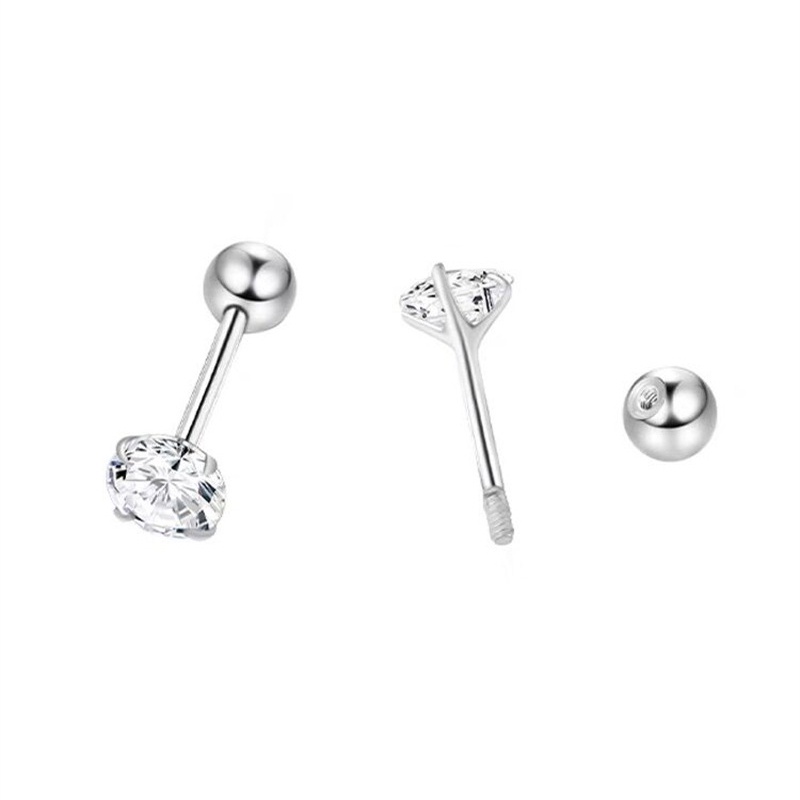 Roselife Unisex 1PC Anti Alergi S925 Silver Bola Zirkon Double-head Stud Earring Untuk Wanita Pria Chic Kristal Tindik Tulang Rawan Anting-Anting Pick Gratis Perhiasan Telinga