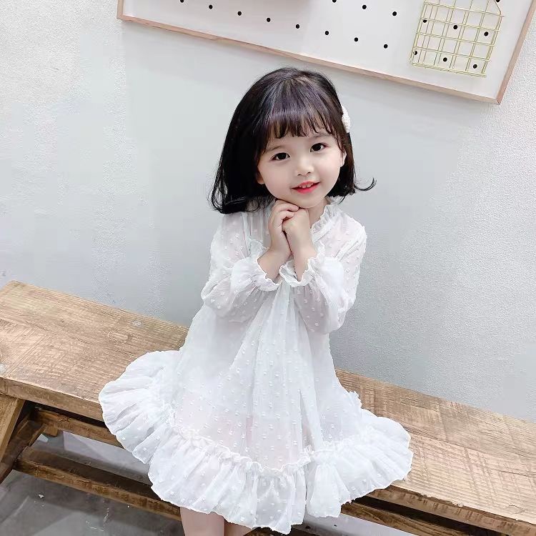 Pakaian anak perempuan anak perempuan berusia 1-6 tahun musim semi dan musim gugur gaun putih solid wanita bayi peri rok putri asing rok korea lengan panjang