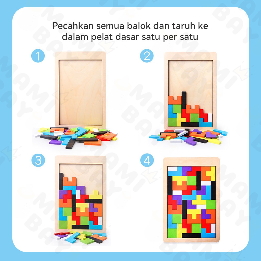 Mamibayi Puzzle Bentuk Geometri Tetris/Mainan Kayu Edukasi Anak