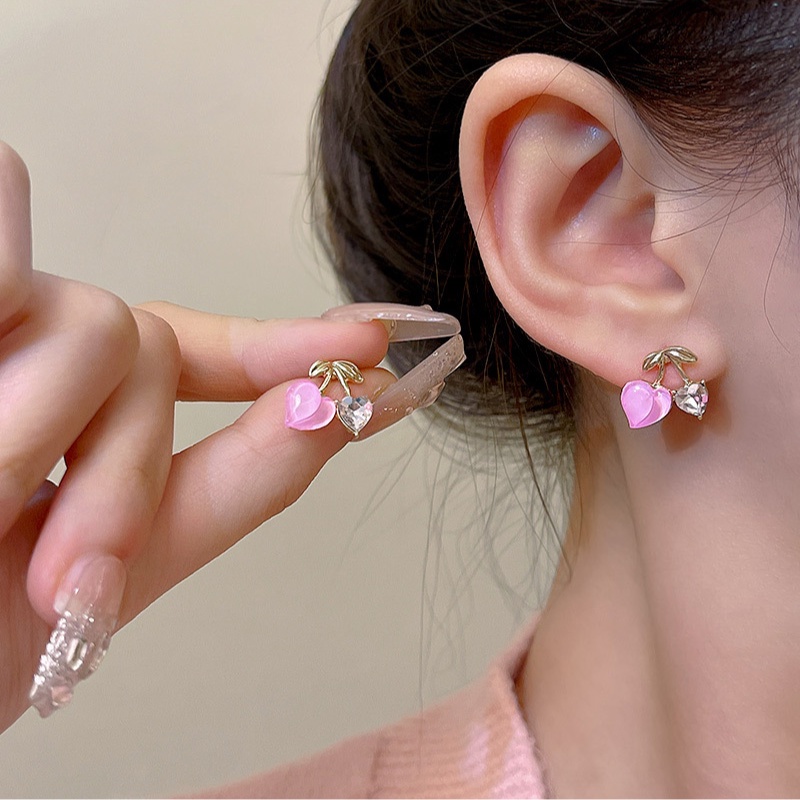 Fashion Honey Peach Earrings Korean Style Small Fresh Pink Love Rhinestone Cherry Earrings