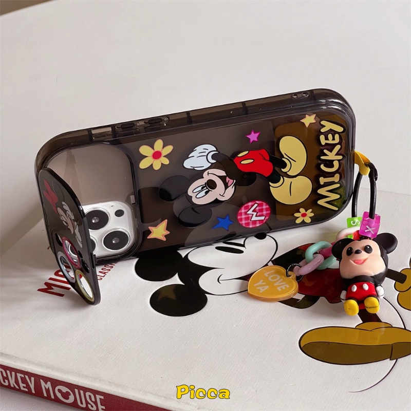 IPHONE Casing Cermin Make Up Flip Kreatif Kompatibel Untuk Iphone7 8 14 Plus 11 14 13 12 Pro MAX X XR XS MAX SE 2020 Kartun Disney Mickey Bunga Shockproof Lembut TPU Phone Cover