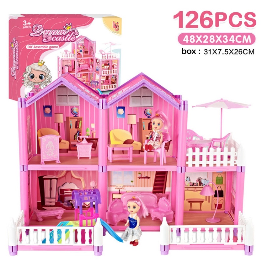 COD 105Pcs/126Pcs/162pcs Permainan Anak-anak Rumah Mainan Rumah Boneka Villa Kastil Putri Setelan Gadis simulasi Dirakit Rumah DIY Hadiah/Mainan Dream Castle Rumah Boneka DIY