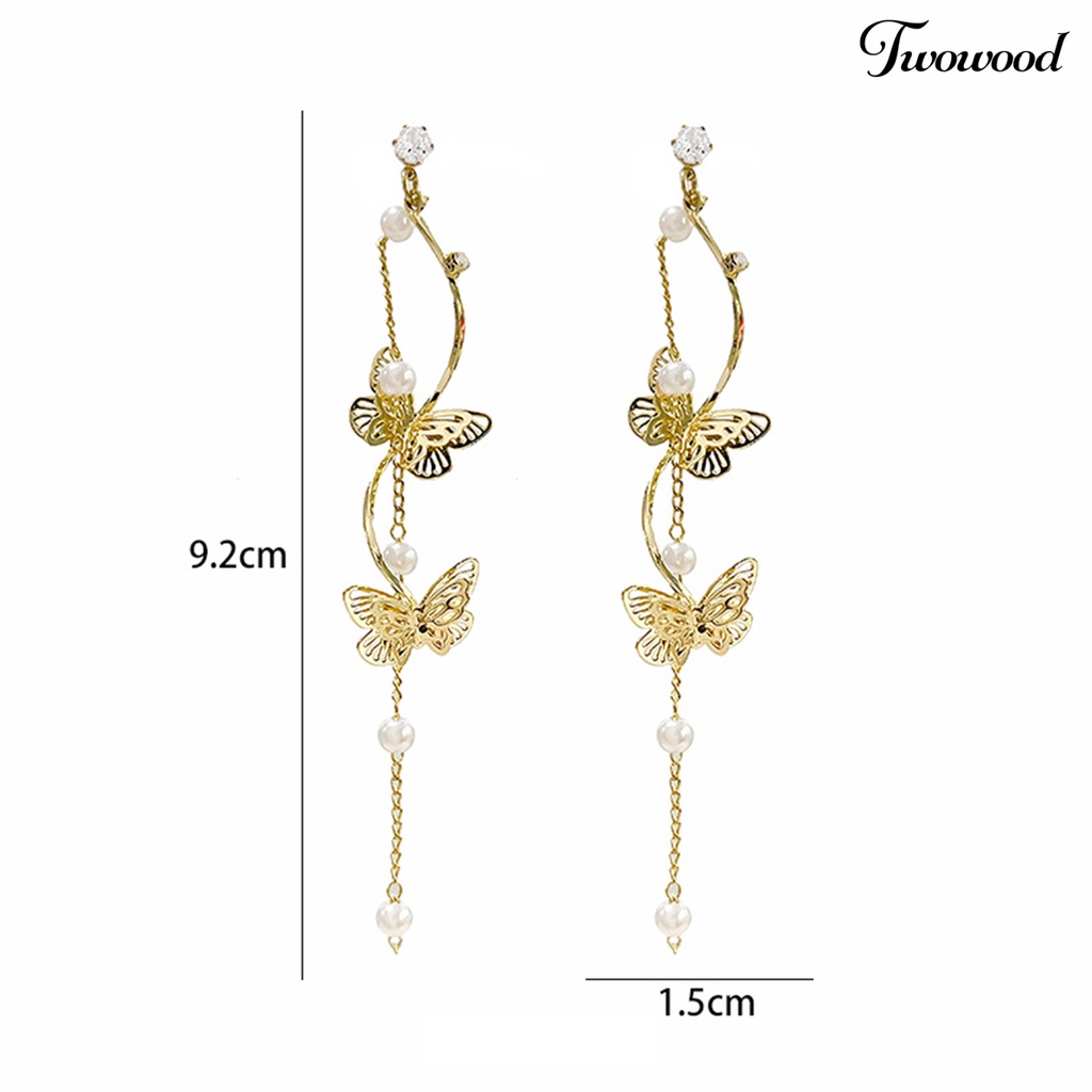 Twowood 1pasang Anting Stud Temperamen Rumbai Panjang Kristal Imitasi Geometris Electroplating Hias Berlian Imitasi Wanita Kupu-Kupu Mutiara Imitasi Menjuntai Earrings Perhiasan Untuk Pacaran