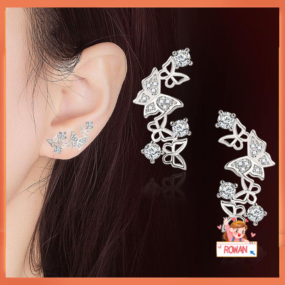 R-flower 2Pcs Butterfly Stud Earrings Fashion Berlian Imitasi Gadis Anting Perak