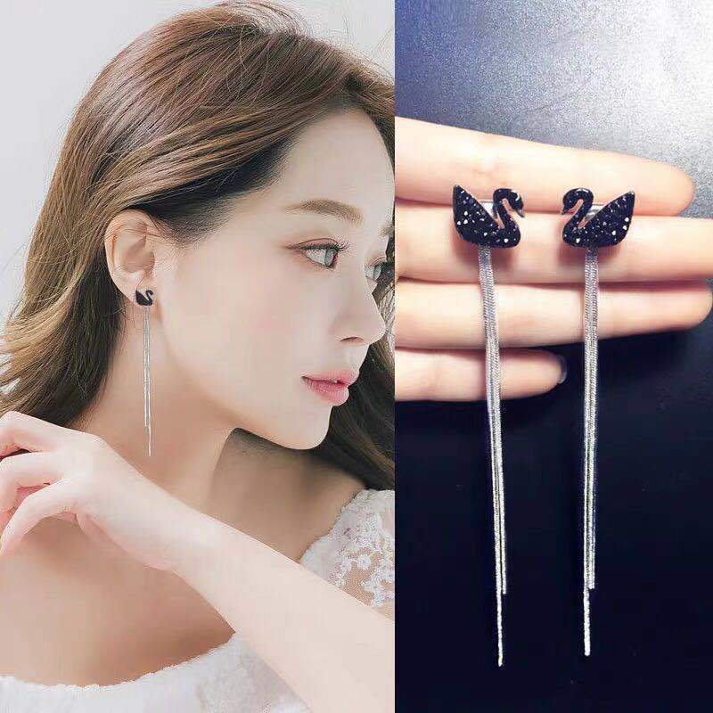 Korea Korea S925 Sterling Silver Jarum Anting Perempuan Hitam Swan Panjang Rumbai Berkelas Anting Earrings