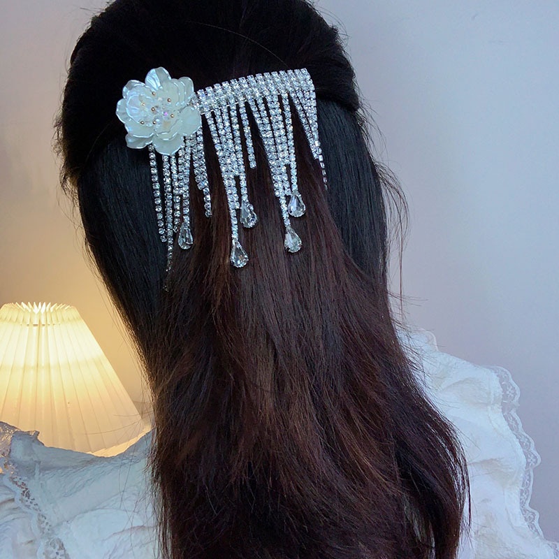 Korean Light Luxury Dazzle Retro Tassel Crystal Flower Hairpin Long Chain Spring Clip Female