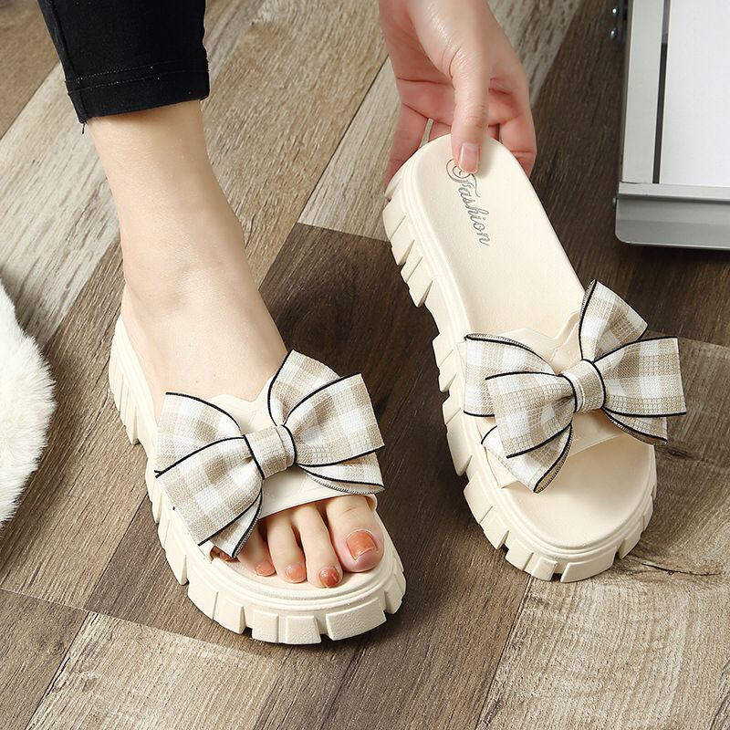 TG1668 Sandal Wedges Wanita  Slipper Pita Motif  Kotak Kotak Terbaru