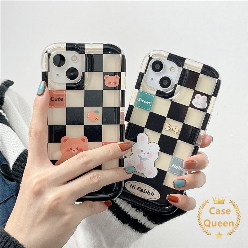 Checkerboard Shockproof Anti Jatuh Airbag Case Realme C25s C20A C11 2021 C20 C15 C11 C12 C21Y C25Y C33 C35 C25 5i 5s C11 2020 C3 C1 C2 6i 5kartun Lucu Beruang Kelinci Couple Soft Cover