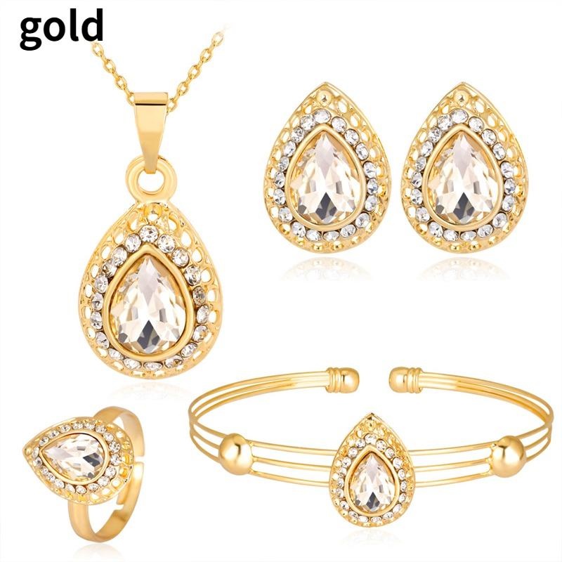 [AYBX] 1set Wanita Fashion Tetesan Air 4biji Kalung Anting Gelang Cincin Pesona Pengantin Pernikahan