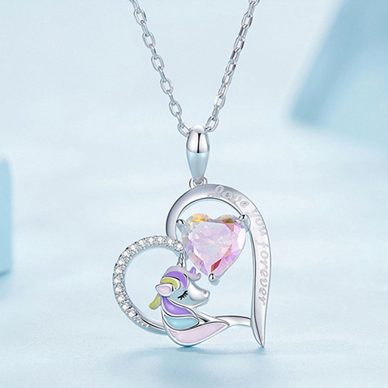 Unik Fashion Hati Unicorn Anak Kalung Untuk Wanita Hewan Kuda Pelangi Kristal Birthstone Liontin Hadiah Hari Kasih Sayang