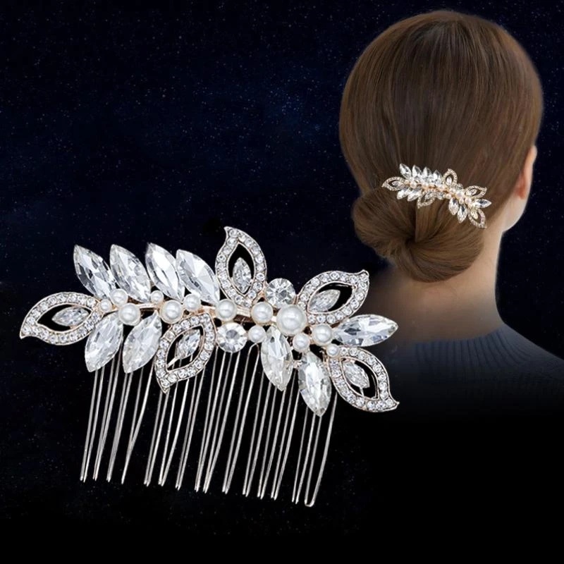 Studio Fotografi Styling Dekorasi Alloy Bentuk Daun Berlian Sisir Rambut Elegan Mutiara Berlian Imitasi Hiasan Kepala Untuk Pengantin Pernikahan Bridesmaid Headwear Fashion