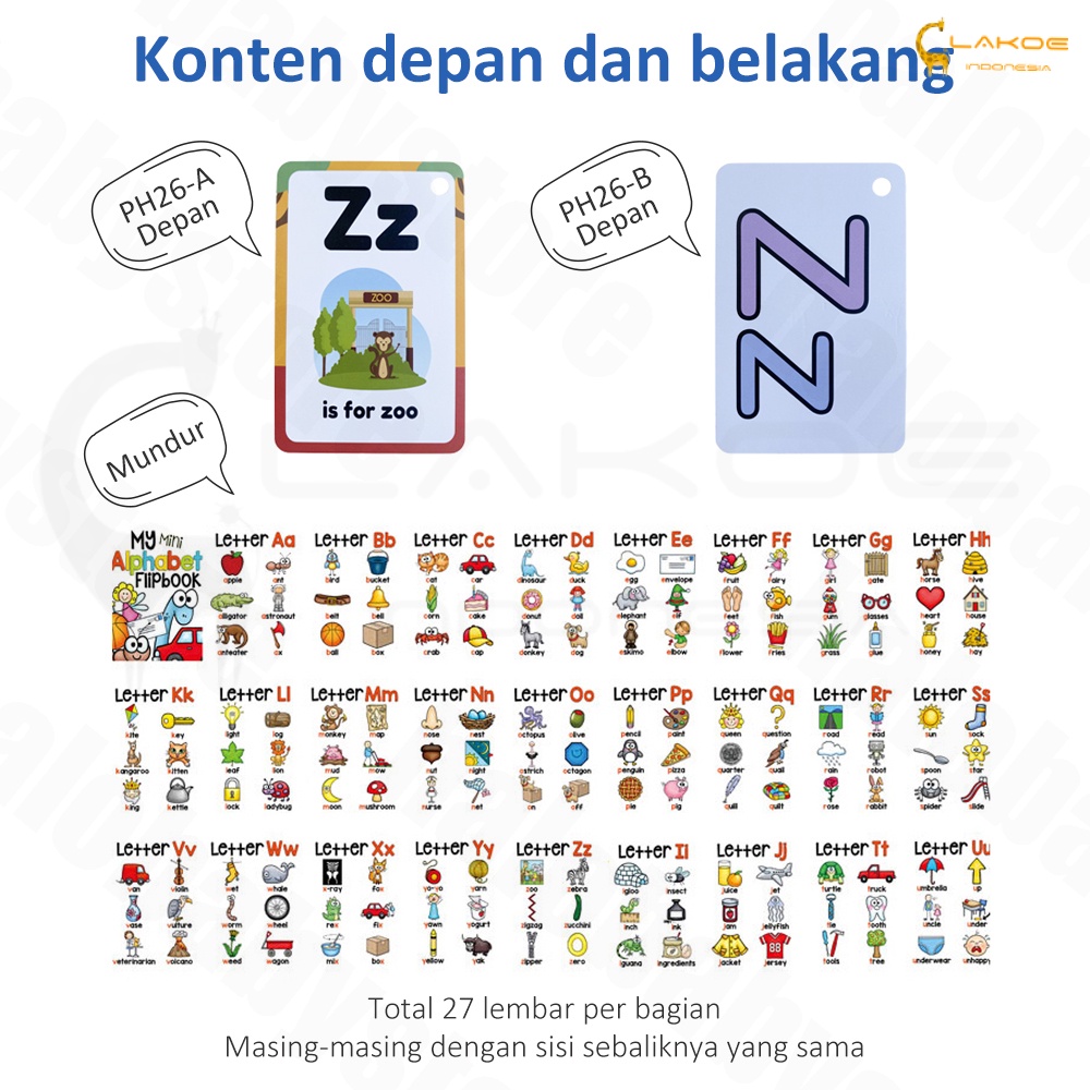 Lakoe Mainan Flashcard Huruf anak bayi/Edukasi Kartu Pintar Abjad Anak waterproof