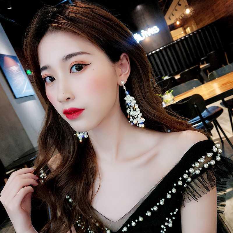 Anting Tali Mutiara Lady Temperamen Korea Baru Tidak Teratur Geometris Mutiara Panjang Rumbai Anting Earrings