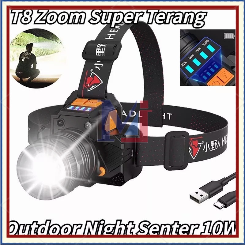 【COD】【COD】 Senter Kepala T8 Zoom Super Terang  USB Rechargeable 3 Mode Adjustable Outdoor 10W Headlight Head-Mounted Glare Senter IPX4 Waterproof Camping Lights