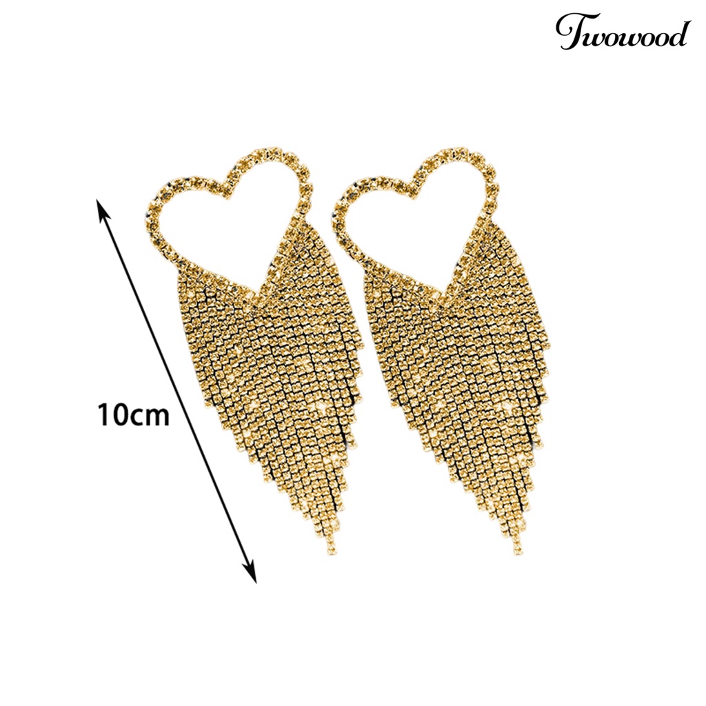 Twowood 1pasang Drop Earrings Bersinar Rumbai Panjang Glitter Semua Pertandingan Anti-Alergi Dekorasi Telinga Gaya Korea Temperamen Cinta Hati Penuh Berlian Imitasi Ear Studs Menjuntai Earrings