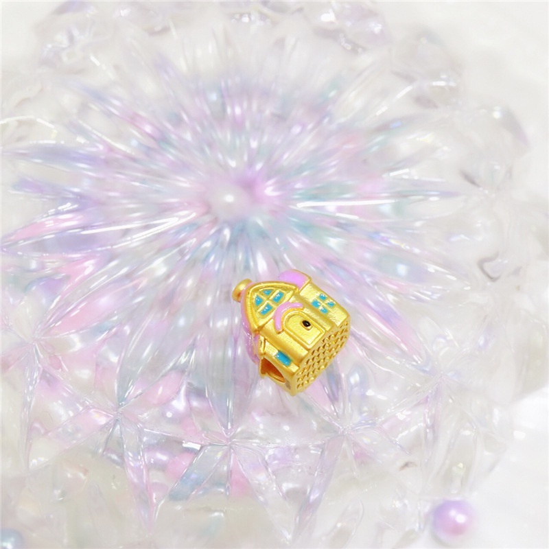 Goldkingdom Fashion Perhiasan Aksesoris Ready Stock Berlapis Emas Asli Kadar 375 Bubuk Emas Asli Kadar 375 Dicat Kartun Villa Rumah Manik-Manik Hiasan Tangan Liontin Manik-Manik Transportasi Kreatif