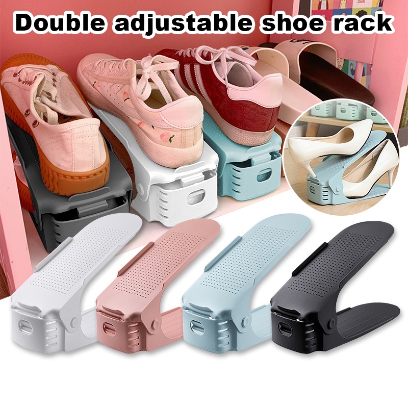 ღ Double Layer Adjustable Rak Sepatu Sepatu Stacker Sepatu Slot Ruang Savers Sepatu Rak Pemegang Kamar Tidur Plastik Disesuaikan Penyimpanan organizer