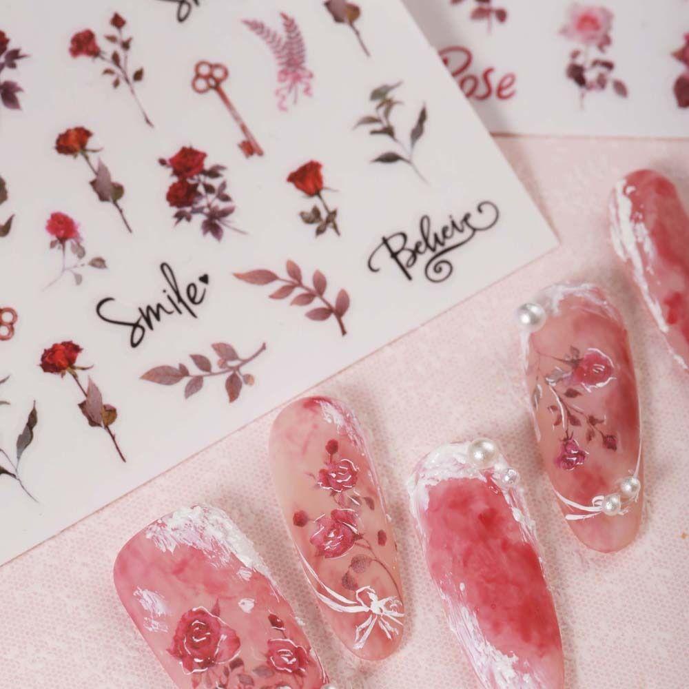 Mxbeauty Rose Stiker Kuku Wanita Retro Daun Ikatan Simpul Self Adhesive Nail Dekorasi