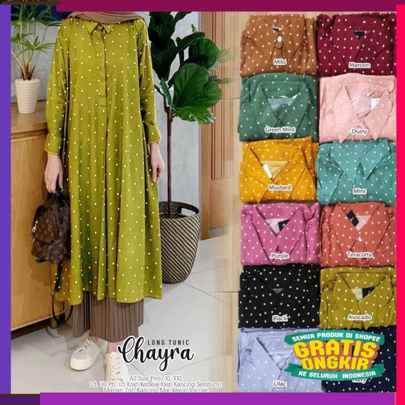 RAMADHAN SALE IDUL FITRI CHAYRA LONG TUNIK - LONG TUNIK MOTIF POLKA BAHAN RAYON PREMIUM - TUNIK JUMB