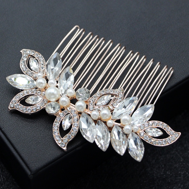 Studio Fotografi Styling Dekorasi Alloy Bentuk Daun Berlian Sisir Rambut Elegan Mutiara Berlian Imitasi Hiasan Kepala Untuk Pengantin Pernikahan Bridesmaid Headwear Fashion