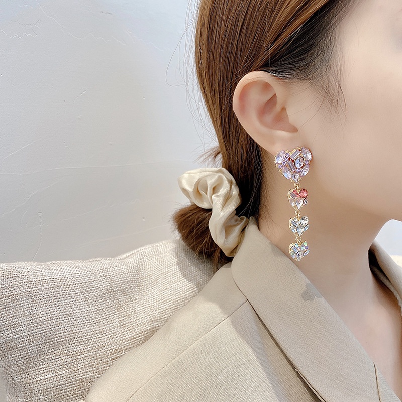 Korea Light Luxury Love Tassel Senior Long Color Diamond Earrings Female