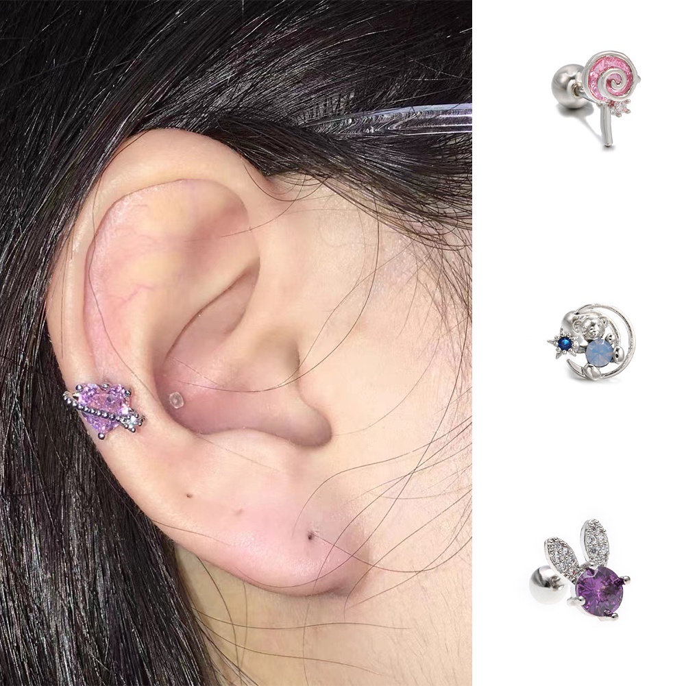 1pc Anting Tembaga Beruang Lucu Perhiasan Gaya Merah Muda Jantung Ear Stud Anting Sayap Manis Untuk Wanita Dan Anak Perempuan