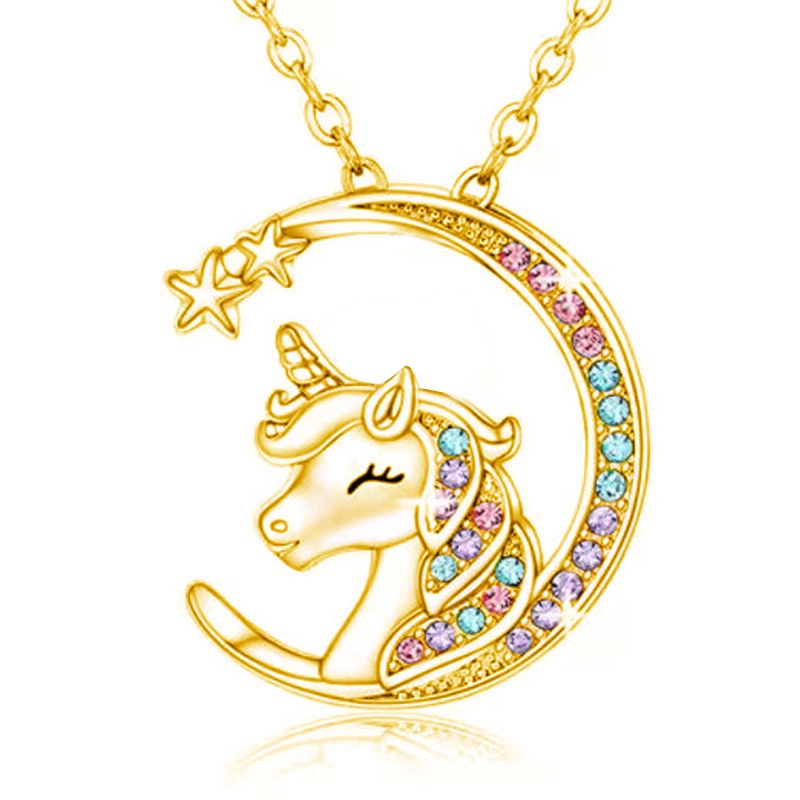 Fashion Berlian Berwarna Sabit Liontin Kalung Pria Dan Wanita retro unicorn Bulan Kalung Kepribadian Kerah Kalung Kalung Hadiah