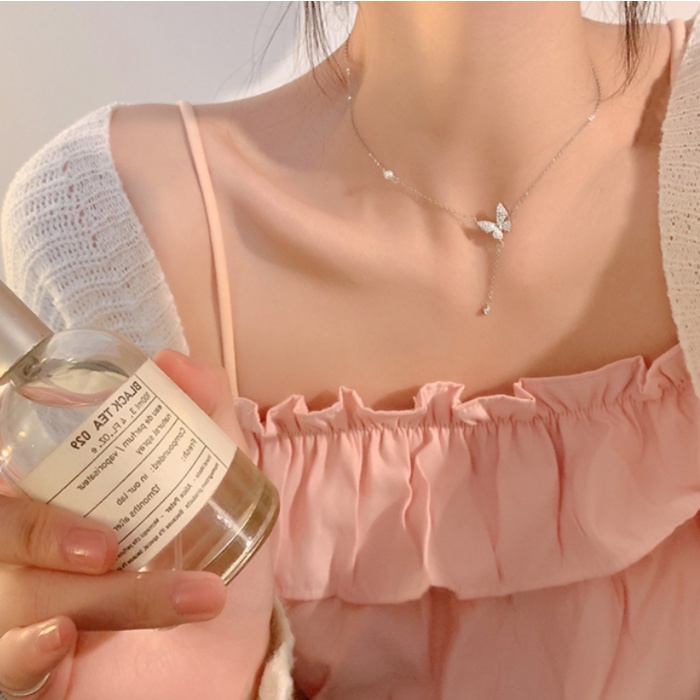 Kami Bunga Halus Perak Rumbai Rantai Mutiara Sparlking Kupu-Kupu Liontin Kalung Untuk Wanita Perempuan Korea Fashion Tulang Selangka Rantai Kalung Perhiasan Aksesoris