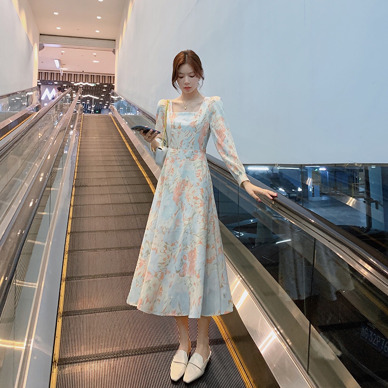 New square neck floral long-sleeved long dress